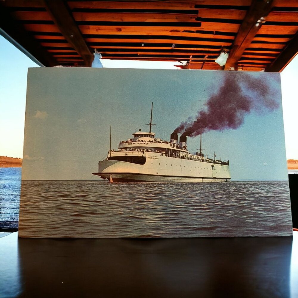 Vintage 1950 City of Petoskey Steamer Postcard Mackinac MI